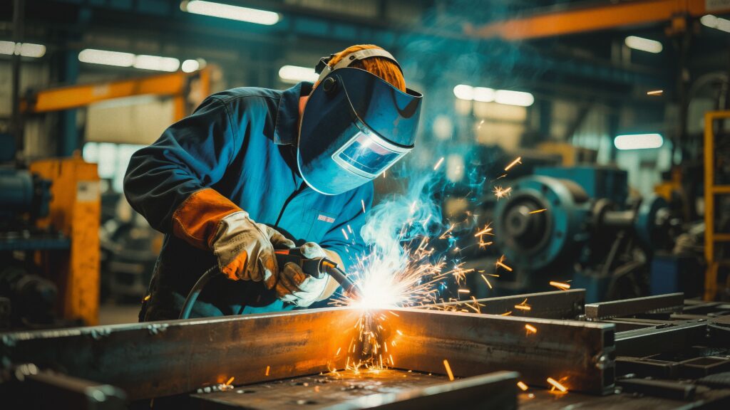 A,Skilled,Welder,Meticulously,Works,On,A,Metal,Structure,,Creating